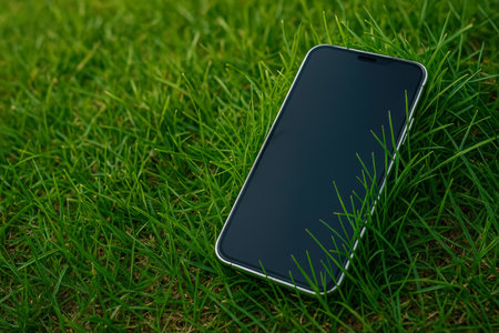 The smartphone is lying on the green grass in the open air. Space for textの素材