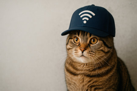 A cat in a blue cap with a Wi-Fi symbol. Space for textの素材
