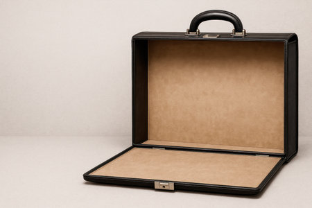 An open empty leather briefcase on a light background. Space for textの素材