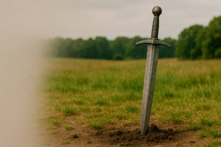 A sword stuck in the ground against a green field. Space for textの素材