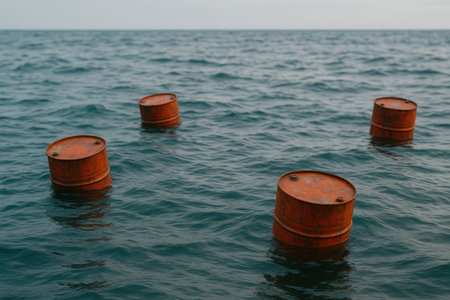 Rusty metal barrels floating in the open seaの素材