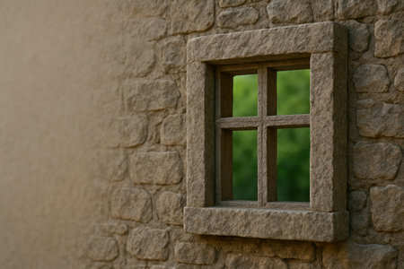 A stone window in the stone wall of an old building overlooking the greenery. Space for textの素材