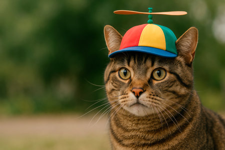Tabby cat in multi-colored hat with propeller close-up portrait. Space for textの素材