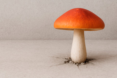 An orange mushroom with a white leg on a gray concrete background. Space for textの素材