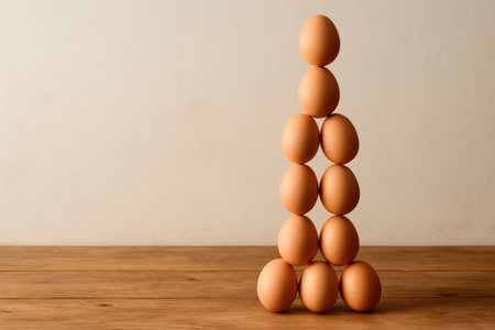 Eggs stacked in a tower on a wooden table, balance concept. Space for textの素材