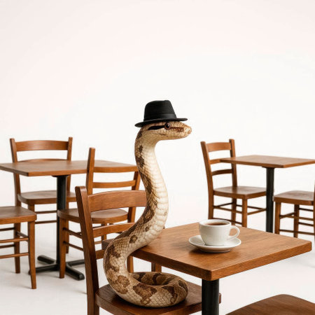 A snake in a hat is sitting at a table in a cafe with coffeeの素材