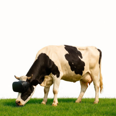 A cow in a VR helmet grazes on green grassの素材