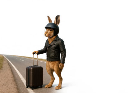 Rabbit in leather jacket with suitcase on the road. Space for textの素材