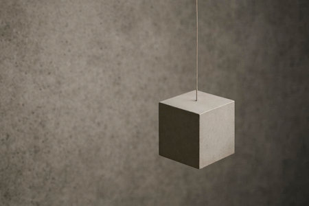 Suspended concrete cube on a thin thread. Space for textの素材
