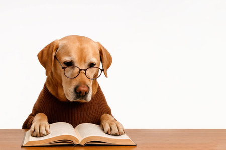 A dog in glasses and a sweater is reading a book at the table. Space for textの素材