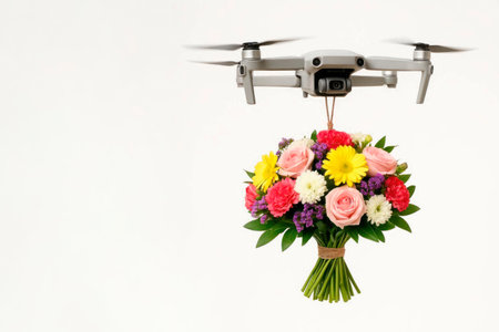 Drone with a bouquet of flowers. Space for textの素材