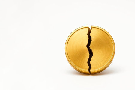 A cracked gold coin on a light background. Space for textの素材