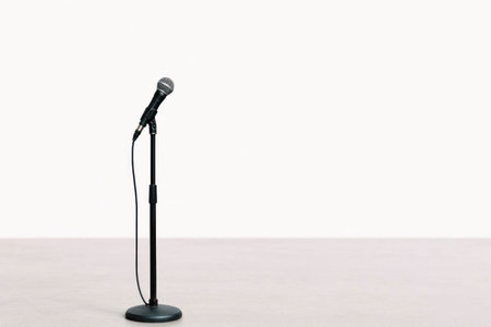 Microphone on a stand on a blank background. Space for textの素材
