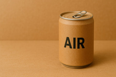 A cardboard jar with the inscription AIR on the table. Space for textの素材