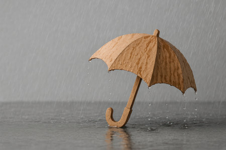 Wet cardboard umbrella in the rain. Space for textの素材
