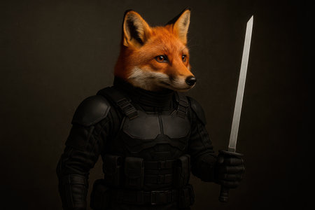 Photorealistic fox in tactical armor with a swordの素材