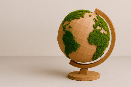 A cardboard globe with green continents made of moss. Space for textの素材