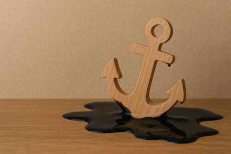 A wooden anchor is immersed in a black liquid. Space for textの素材