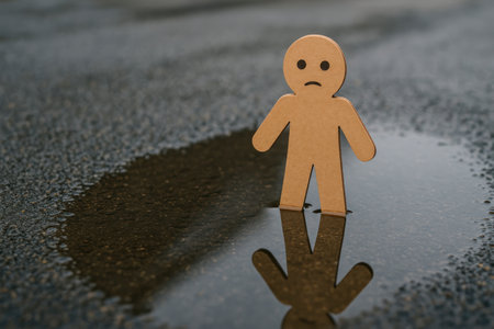 A cardboard man is sad in a puddle on the wet asphalt. Space for textの素材