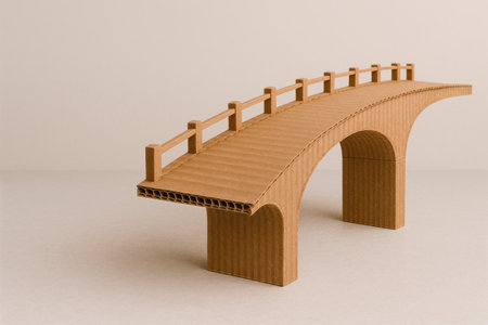A cardboard bridge against the background of a plain wall. Space for textの素材