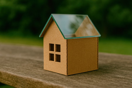 A cardboard house with a glass roof on a wooden surface. Space for textの素材
