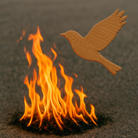A cardboard bird soars above the fiery flames. Space for textの素材