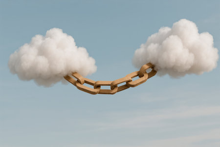 A cardboard chain connects two white clouds in the sky. Space for textの素材