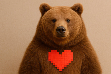 Photorealistic bear with a pixelated red heart on its chestの素材
