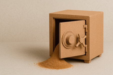 Cardboard safe with scattered sand. Space for textの素材