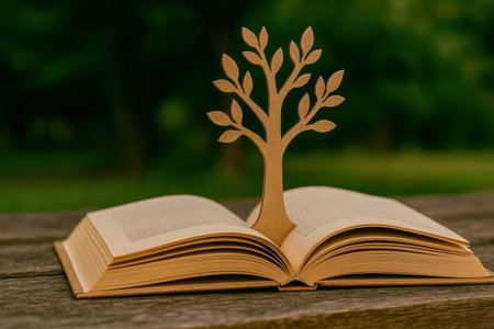 An open book that grows a cardboard tree in natureの素材