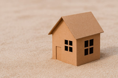 A cardboard house stands on the desert sand. Space for textの素材
