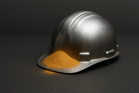 A metal helmet filled with golden sand. Space for textの素材