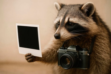 A raccoon with a camera is holding a photoの素材