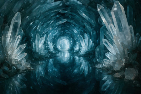 A cave made of crystals with a reflection in the waterの素材