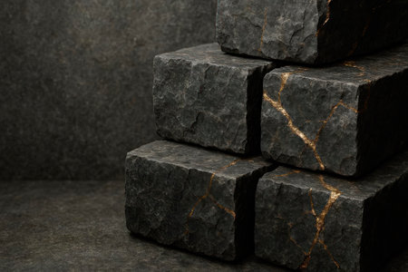 Black stone blocks with golden cracks. Space for textの素材