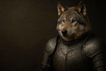 A wolf in antique armor against a dark background. Space for textの素材