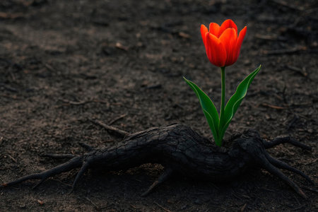 A red tulip growing from a burnt root on the dark ground. Space for textの素材