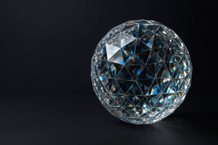 Transparent crystal ball with geometric pattern on black background. Space for textの素材