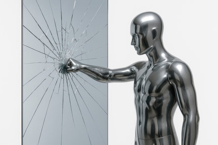 A metal figure smashes a mirror with his fistの素材