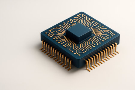 Microchip with gold contacts on a light background. Space for textの素材