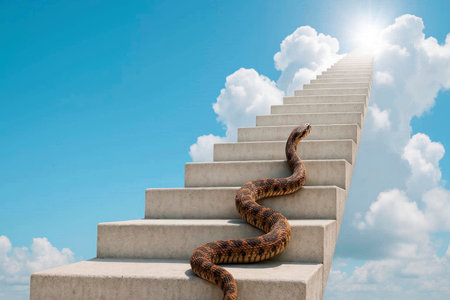 A snake crawling up the stairs to the sky to the lightの素材