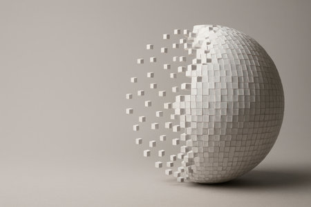 A white sphere that splits into cubes. Space for textの素材