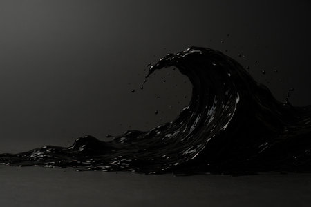 A wave of black liquid on a dark background. Space for textの素材