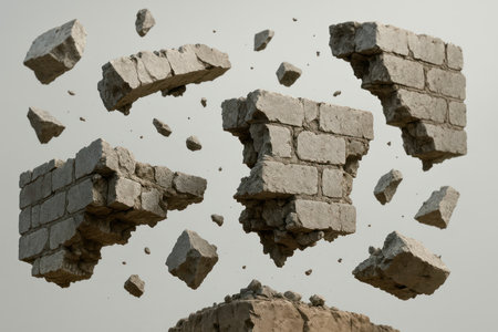Stone blocks hanging in the air after the destruction of the wallの素材