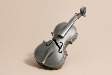 A broken metal violin on a beige background. Space for textの素材