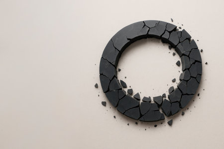 A broken black ring on a light background. Space for textの素材