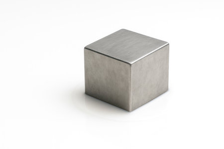 A metal cube standing in a puddle of liquid. Space for textの素材