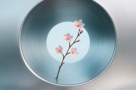 A branch of delicate cherry blossoms inside a polished steel cylinderの素材