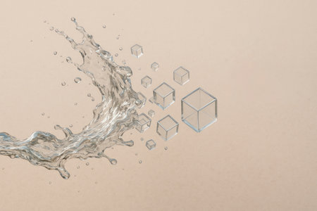 A stream of water that passes into glass cubes. Space for textの素材