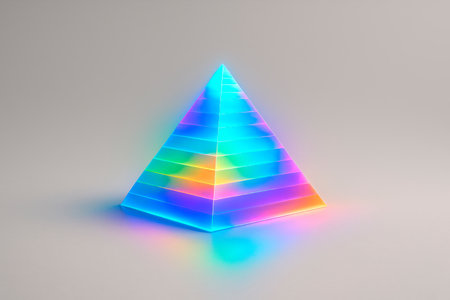 Neon pyramid with rainbow glow on a gray backgroundの素材